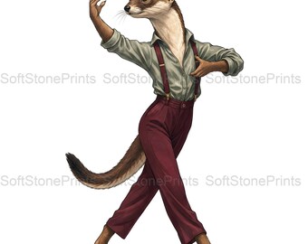 Weasel Dancer Clipart, Elegant Tango Gouache Animal Bundle, 30 JPG for Junk Journal
