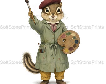 Painter Chipmunk Clipart, Artistic Whimsical Gouache Animal Bundle, 30 JPG for Junk Journal