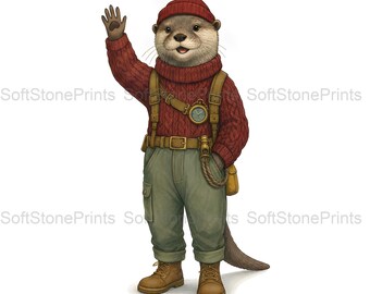 Explorer Otter Clipart, Nautical Cozy Gouache Animal Bundle, 30 JPG for Junk Journal