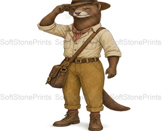 Archaeologist Mink Clipart, Adventure Explorer Gouache Animal Bundle, 30 JPG for Junk Journal