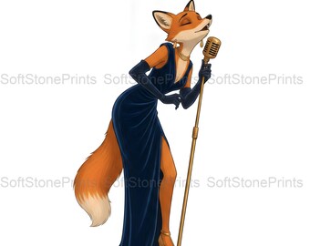Jazz Singer Fox Clipart, Elegant Vintage Gouache Animal Bundle, 30 JPG for Junk Journal