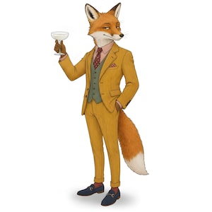 Fox Gentleman Clipart, Dapper Suited Gouache Animal Bundle, 30 JPG for Junk Journal imagen 1