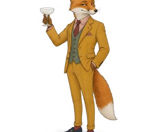 Fox Gentleman Clipart, Dapper Suited Gouache Animal Bundle, 30 JPG for Junk Journal