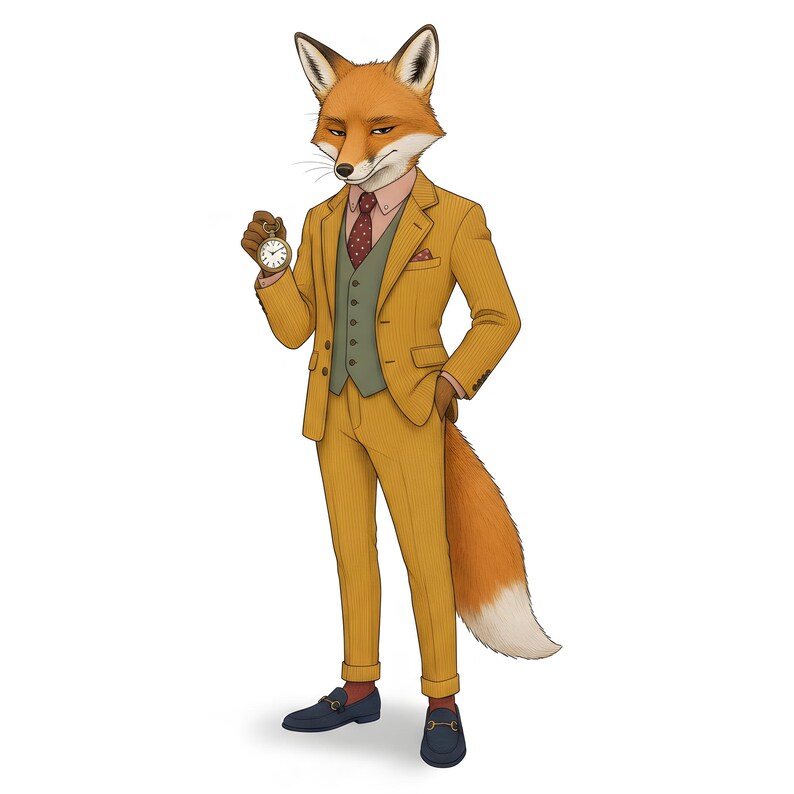 Fox Gentleman Clipart, Dapper Suited Gouache Animal Bundle, 30 JPG for Junk Journal imagen 2