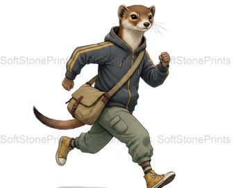 Parkour Weasel Clipart, Urban Athletic Gouache Animal Bundle, 30 JPG for Junk Journal