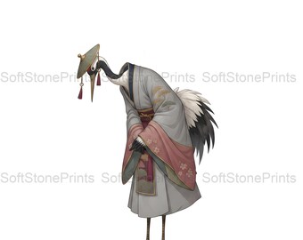Crane Tea Master Clipart, Serene Japanese Gouache Animal Bundle, 30 JPG for Junk Journal