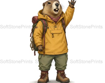 Mountaineer Marmot Clipart, Alpine Adventure Gouache Animal Bundle, 30 JPG for Junk Journal