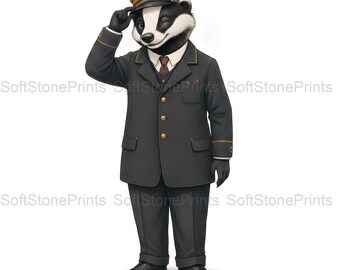 Conductor Badger Clipart, Vintage Railway Gouache Animal Bundle, 30 JPG for Junk Journal