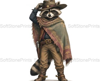 Gunslinger Raccoon Clipart, Western Outlaw Gouache Animal Bundle, 30 JPG for Junk Journal