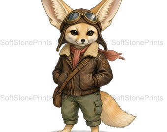 Aviator Fennec Fox Clipart, Vintage Adventure Gouache Animal Bundle, 30 JPG for Junk Journal