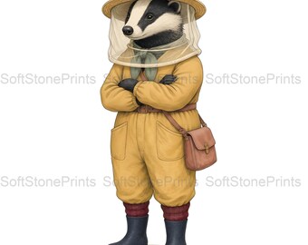 Beekeeper Badger Clipart, Rustic Pastoral Gouache Animal Bundle, 30 JPG for Junk Journal