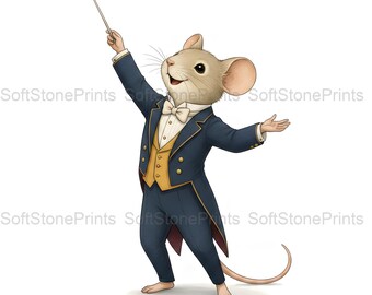 Conductor Mouse Clipart, Elegant Classical Gouache Animal Bundle, 30 JPG for Junk Journal