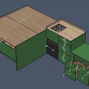 May include: A 3D rendering of a green and wood-toned kitchen island with multiple drawers and a countertop. The island has a built-in sink area and open storage. The design includes measurements in cm.