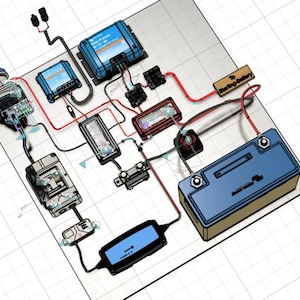 Puede incluir: Ilustración de un sistema eléctrico complejo con varios componentes, incluyendo una batería azul, un cargador y múltiples unidades de control. Cables rojos y negros conectan los dispositivos, con la etiqueta "To Starting Battery". El fondo es una cuadrícula.