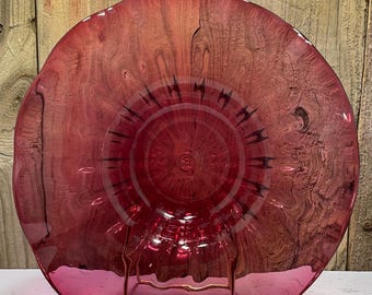 Vintage MCM Rossi Glass - Cranberry Crimped/Ruffled Edge Art Glass Bowl "R"