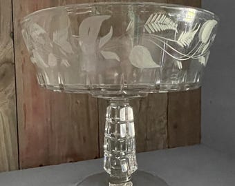 Vintage Riverside Glass Works Floral Etched, Block Diamond Trifle/Compote Bowl