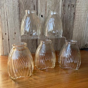 May include: A set of five clear glass light shades featuring a vertical ribbed pattern and a scalloped bottom edge. The shades have a rounded, bulbous shape with a narrow opening at the top, designed for use as replacement covers for light fixtures.