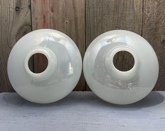 MCM Opaque White Milk Glass Light Shade Round Globe Lamp Fixtures - set of 2