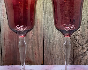 Vintage jaren 1950 Cranberry Rose Luster wijnglazen met heldere steel - set van 2