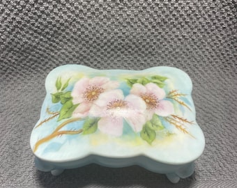 Vintage Porcelain Hand Painted Floral Trinket Box with Lid