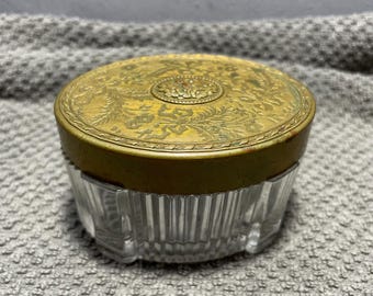 Vintage Glass Vanity Powder/Trinket Dish with Brass Decorative Lid