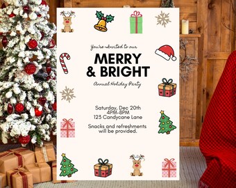 May include: A festive holiday party invitation with the text "MERRY & BRIGHT" and seasonal graphics. The invitation includes the date, time, and location for the annual holiday party. Decorative elements include a Christmas tree, gifts, and snowflakes.