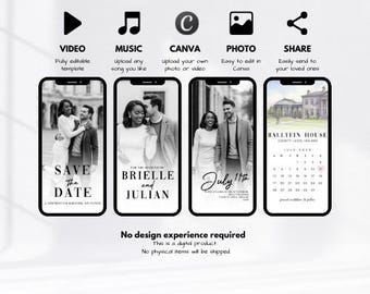 May include: A digital wedding invitation template displayed on four smartphones. The phones showcase different designs, including "Save the Date" and "July 11th" announcements. Icons for video, music, Canva, photo editing, and sharing are also present.