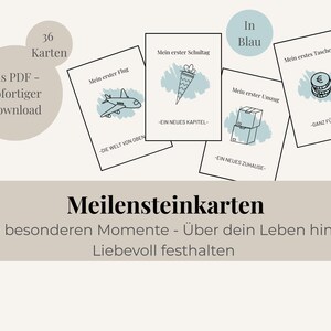 Puede incluir: Un conjunto de tarjetas de hitos con ilustraciones y texto en alemán. Las tarjetas presentan dibujos de un avión, un cono escolar, cajas de mudanza y monedas. El texto incluye frases como "Mi primer vuelo" y "Mi primer día de escuela."