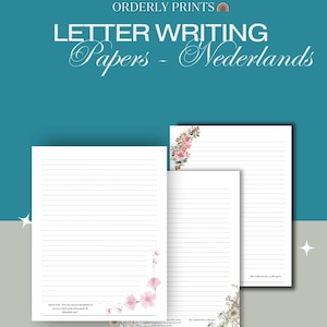 May include: Letter writing papers with floral corner designs. The papers are lined and feature decorative floral accents in pink, white, and beige. The text on the image reads "Letter Writing Papers - Nederlands".