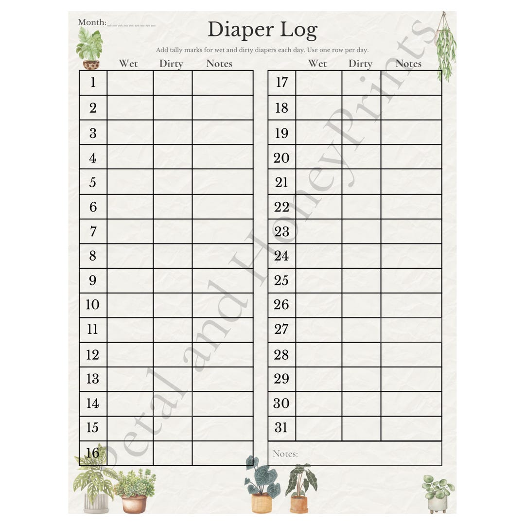 Diaper Log Printable | Monthly Baby Diaper Tracker | Wet & Dirty Diaper ...