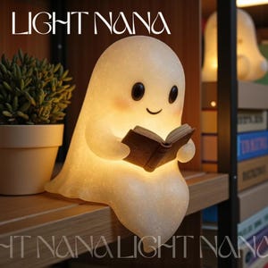 Lámpara de noche fantasmal de resina para Halloween, ideal para estanterías, decoración de rincones de lectura, como regalo acogedor o para ratones de biblioteca.