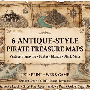 Peut inclure: Une collection de six cartes au trésor de pirates de style ancien avec des îles fantastiques, des gravures vintage et des éléments nautiques. Le texte central indique 6 ANTIQUE-STYLE PIRATE TREASURE MAPS, Vintage Engraving, Fantasy Islands, Blank Maps, JPG, PRINT, WEB & GAME, 6800x3800px, 300 DPI, Instant Download, Isle of the Skull, Serpent's Reach, Ghost Fleet Cove, Widow's Peak, Golden Sands Atoll, Kraken's Maw.