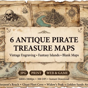 Peut inclure: Une collection de six cartes au trésor de pirates de style antique avec des îles fantastiques, des gravures vintage et des modèles vierges. Le texte central indique 6 ANTIQUE PIRATE TREASURE MAPS, Vintage Engraving, Fantasy Islands, Blank Maps.