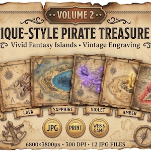 Peut inclure: Une collection de six cartes au trésor de pirates de style ancien intitulée Volume 2, présentant des îles aux thèmes émeraude, lave, saphir, violet, ambre et cramoisi. L'image inclut des bordures nautiques, une boussole et des détails techniques.