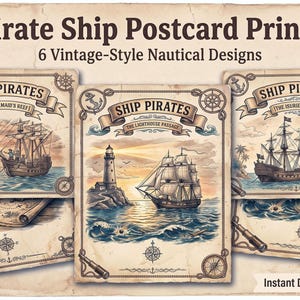 Peut inclure: Six cartes postales illustrées de navires pirates avec des bordures sépia, des motifs de boussole et du texte incluant Pirate Ship Postcard Prints, 6 Vintage-Style Nautical Designs, Ship Pirates, The Mermaid's Reef et The Lighthouse Passage.