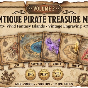 Peut inclure: Une collection de 6 cartes au trésor de pirates antiques intitulée Volume 2, présentant des îles fantastiques aux thèmes émeraude, lave, saphir, violet, ambre et cramoisi. L'image inclut des bordures nautiques, une boussole et des étiquettes.