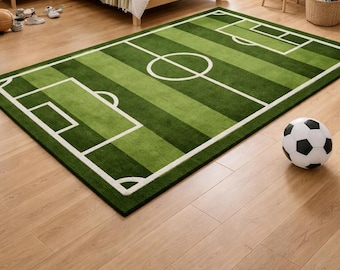 4x8 Hand Tufted Soccer Field Rug – Kids Playroom Football Area Rug – Sports Theme Bedroom Carpet – Green Turf Style Nursery Rug