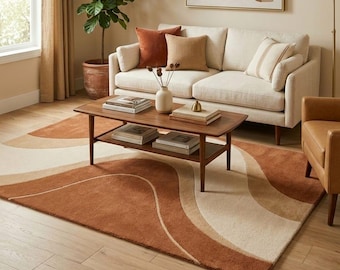 Modern Abstract Hand Tufted Rug – Terracotta Beige Wavy Wool Rug, Minimalist Living Room Rug, Scandinavian Area Rug, Custom Handmade Rug