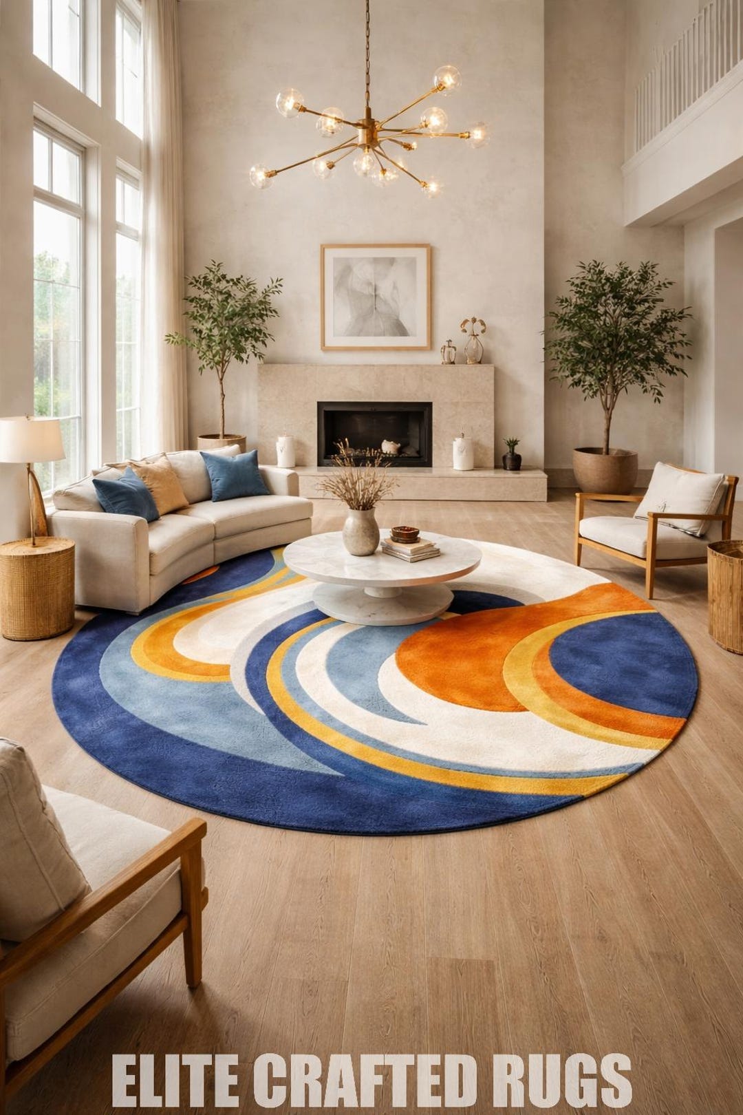 Hand Tufted Abstract Round Rug, Modern Geometric Wool Area Rug, Blue ...