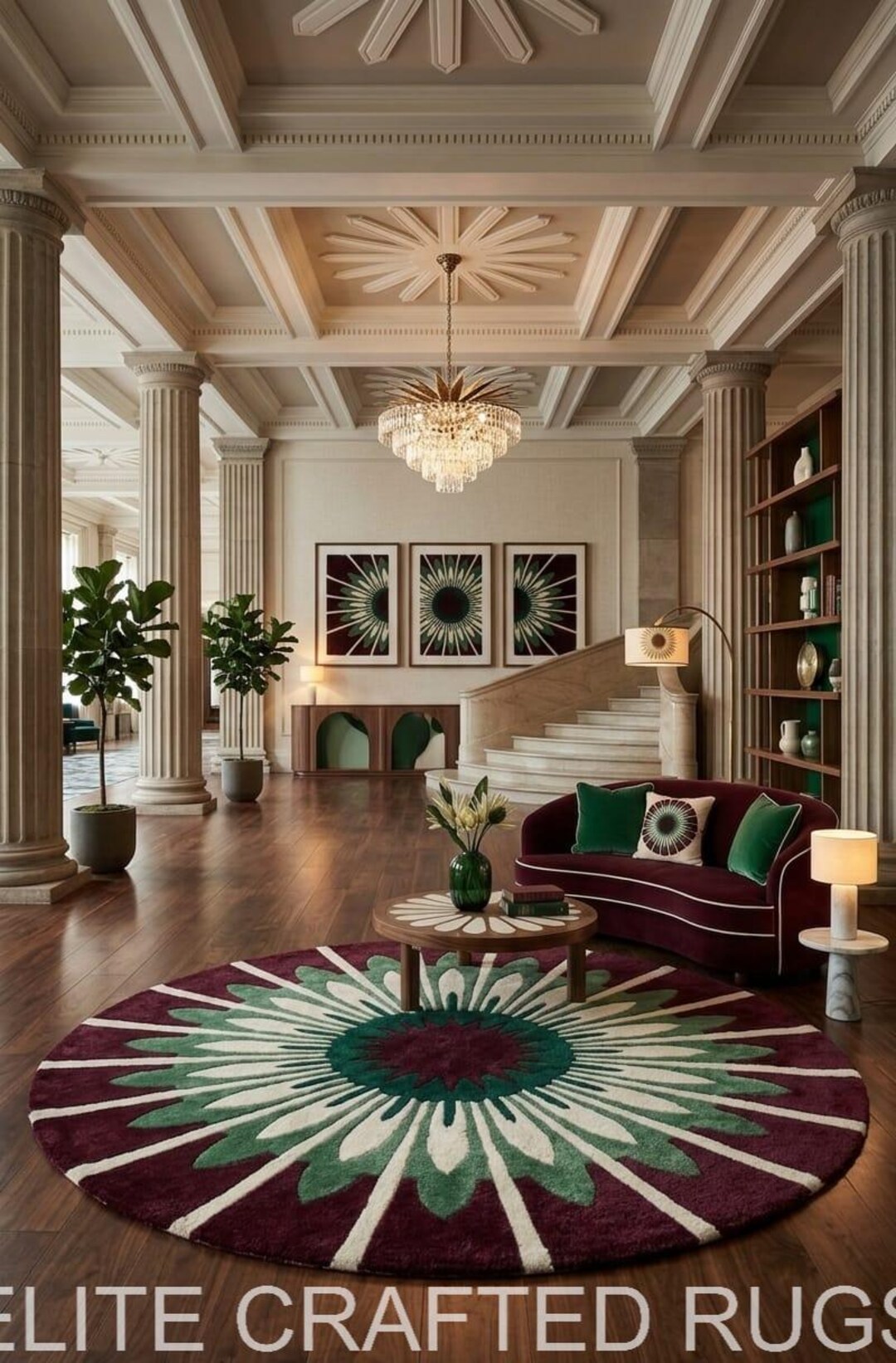 Burgundy Green Floral Round Rug, Hand Tufted Wool Area Rug, Modern ...