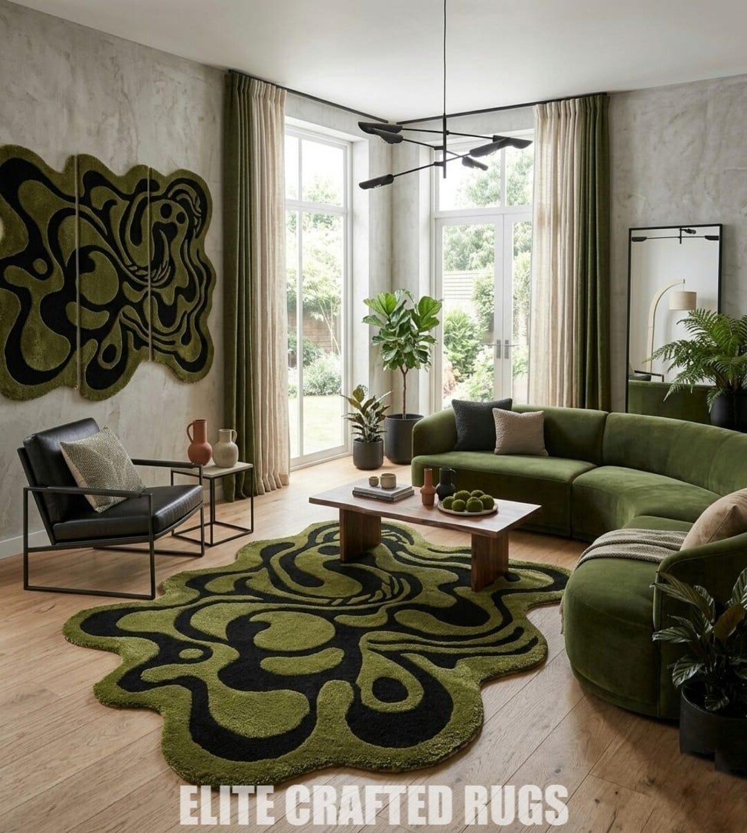Abstract Green Organic Shape Hand Tufted Rug – Modern Moss Black Area ...