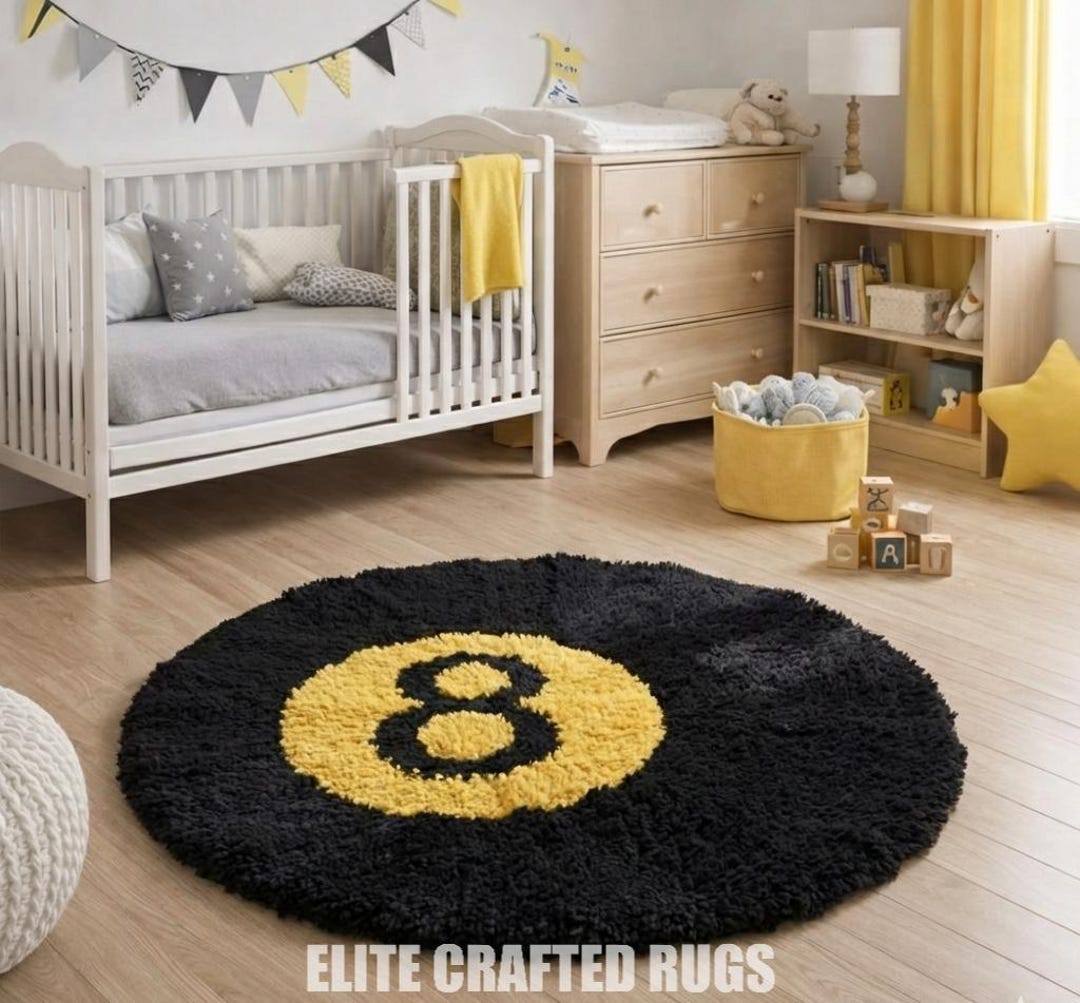 Hand Tufted Wool Area Rug, Black and Yellow Statement 8 Ball Round Rug ...