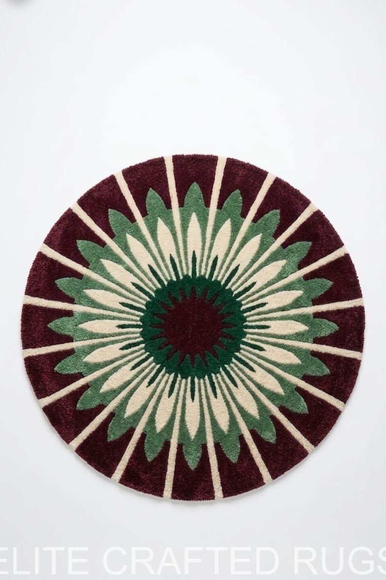 Burgundy Green Floral Round Rug, Hand Tufted Wool Area Rug, Modern ...