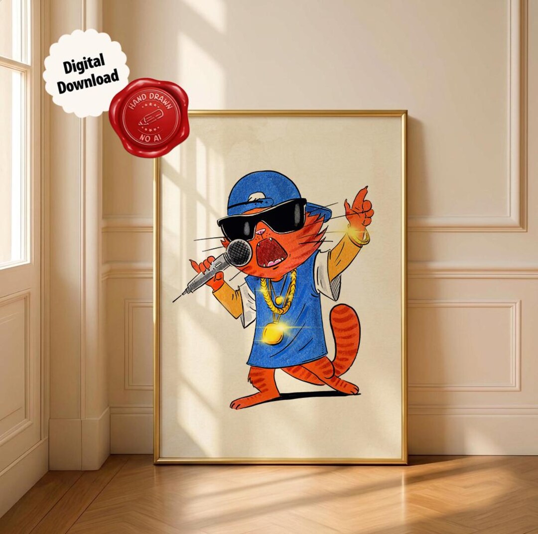 Humorous Cat Gift, Rapper Orange Tabby Cat Wall Art, Hip Hop Ginger ...