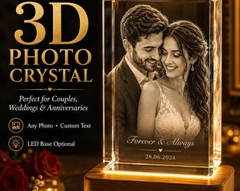 Bloque de cristal fotográfico 3D personalizado, regalo para parejas, recuerdo de aniversario, cristal grabado a medida con base LED.
