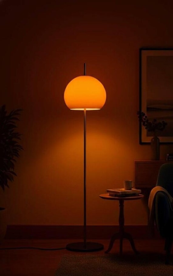 Orange Glass Bauhaus Floor Lamp – Modern Mid-Century Mushroom Light, Retro Art Deco Designer Lamp for Bedroom or Living Room