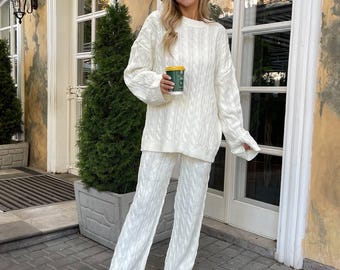 Merino Wool Cable Knit Set Women, Oversized Sweater Two Piece Lounge Set, Tall Wide Leg Pants, Warm Winter Tracksuit, Cozy Co-ord Outfit