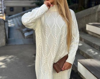 White Cable Knit Sweater Dress, Milky Wool Tunic, Winter White Oversized Pullover, Christmas Photo Outfit, Soft Warm Gift Her