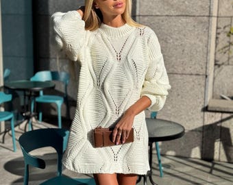 Beige Cable Knit Sweater Dress, Cream Wool Tunic, Oversized Mock Neck  Pullover, Cozy Winter Gift Her, Mommy and Me Winter Outfit - Etsy