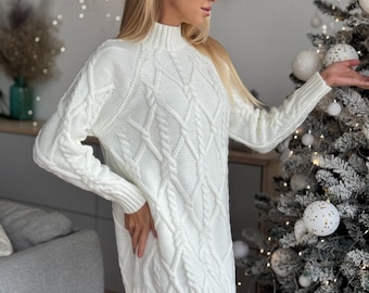 White Cable Knit Sweater Dress, Mommy and Me Winter Outfit, Creamy Wool Tunic, Ivory Chunky Knit Mini Dress, Soft Milk White Gift